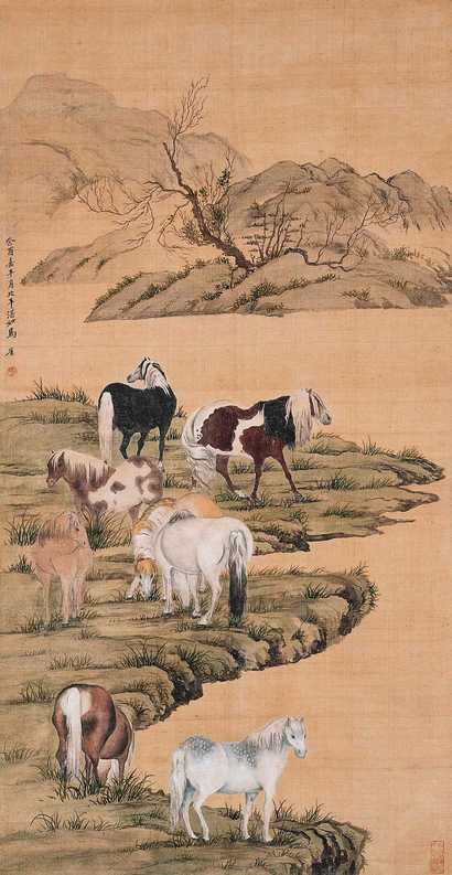 马晋（款） 八骏图 立轴